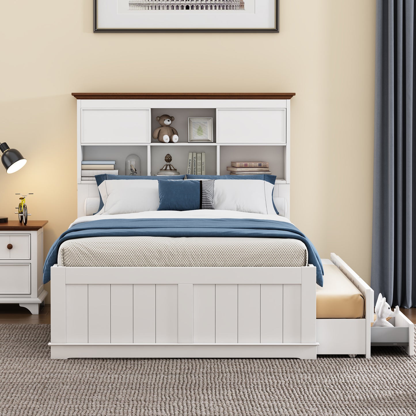 Captain Bookcase Bed-Solid Pine Bed with Trundle Bed and 3 Spacious Under Bed Drawers in Full Size- White Walnut