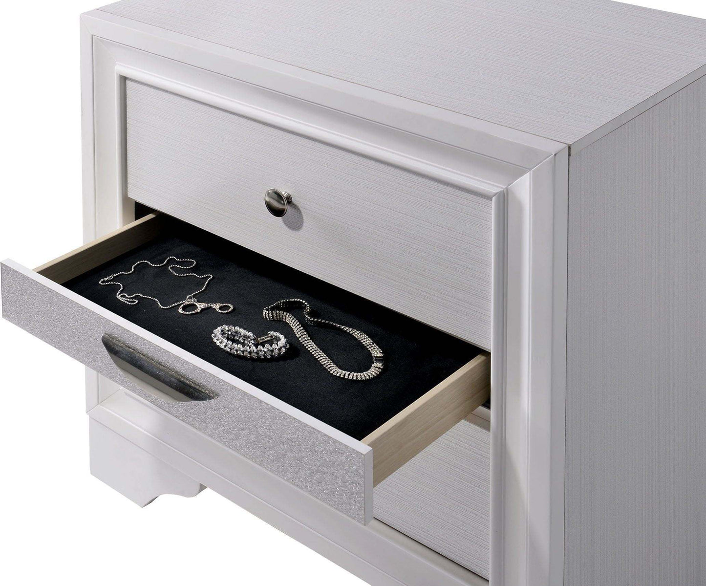 1 Piece Nightstand-Contemporary Style with White Finish and Silver Accents-Hidden Jewelry Drawer-Nickel Round Knob