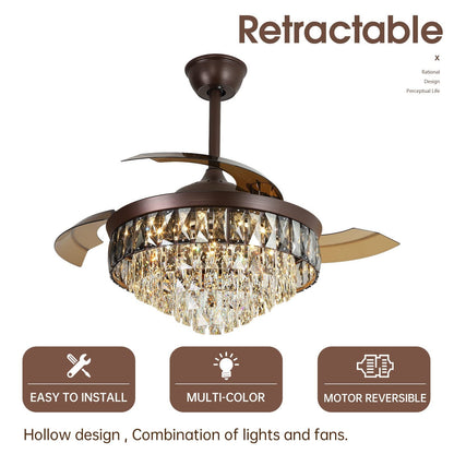 42"Chandelier Ceiling Fan Retractable Ceiling Fans with Lights and Remote Control 6 Speed LED 72w Diammable Invisible  Crystal Ceiling Fan Modern Light for Bedroom Indoor Living Room