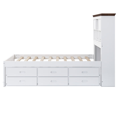 Captain Bookcase Bed-Solid Pine Bed with Trundle Bed and 3 Spacious Under Bed Drawers in Full Size- White Walnut