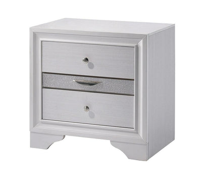 1 Piece Nightstand-Contemporary Style with White Finish and Silver Accents-Hidden Jewelry Drawer-Nickel Round Knob