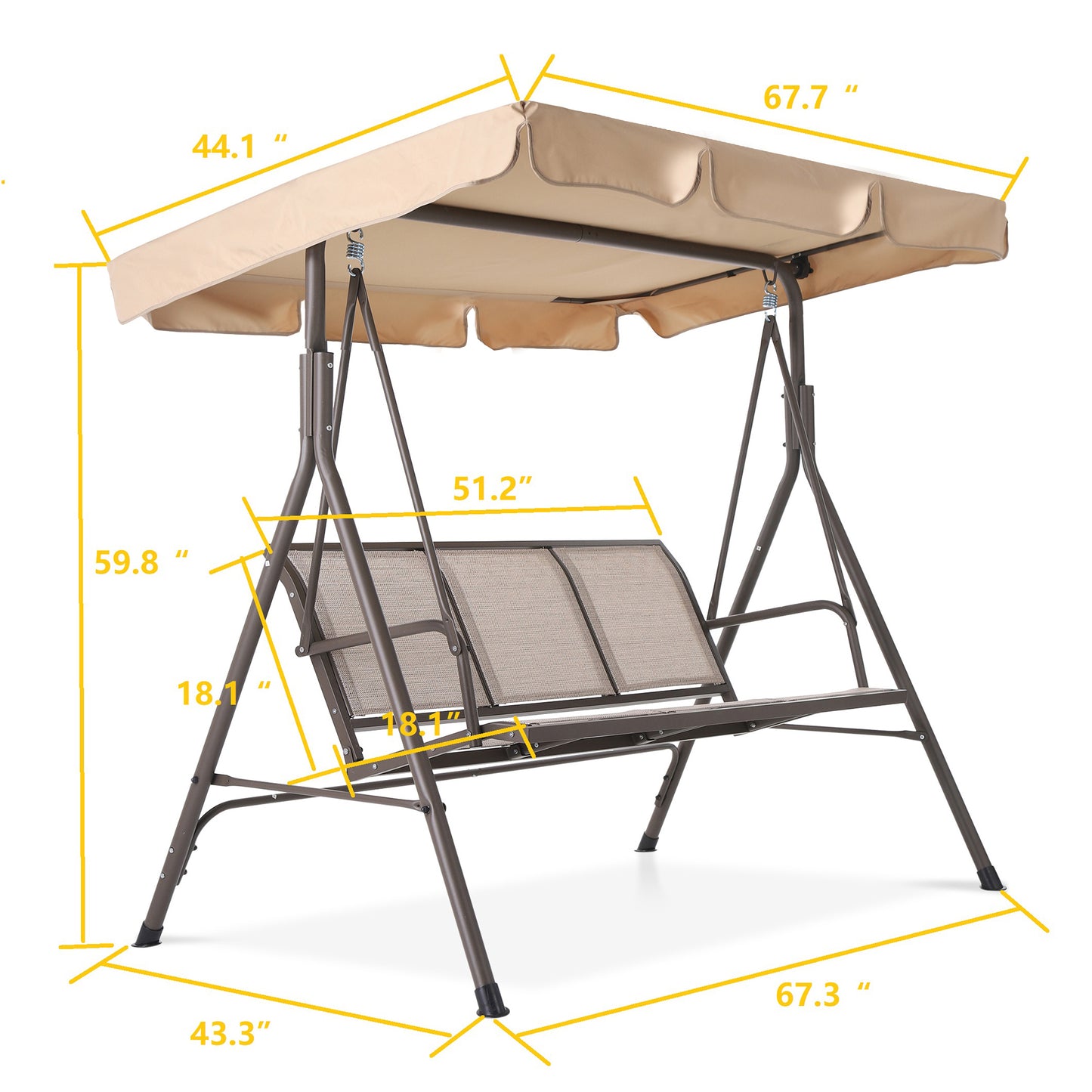 3 Person Outdoor Patio Swing,Steel Frame Textilene Seats Steel Frame Swing Chair,Beige