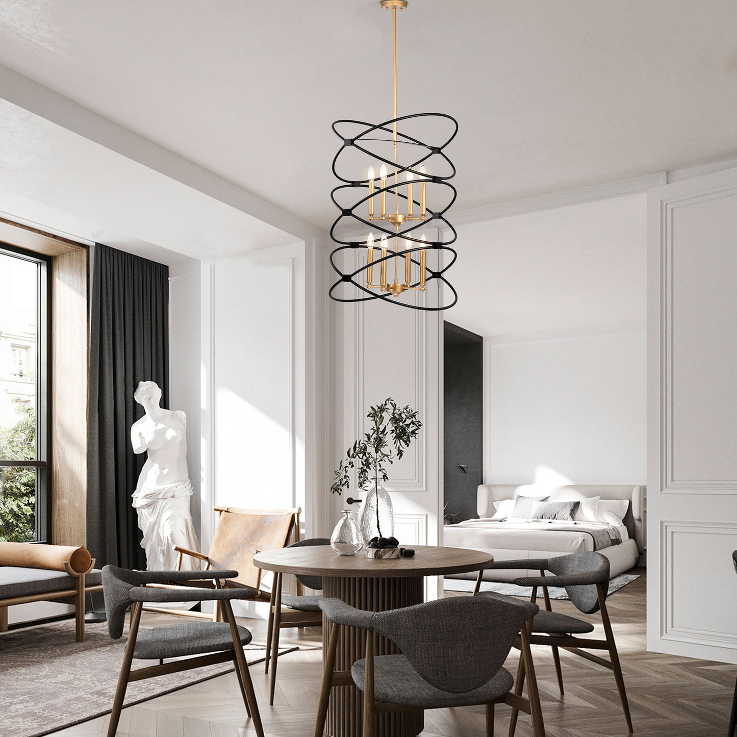 Transitional Gold/Matte Black Metal Chandelier indoor or outdoor Fixture, 8 lights, 2-Tier-Candle Ceiling Light for Living Room, Bedroom, Dining Room, Dimmable, E12, W23.6*H55