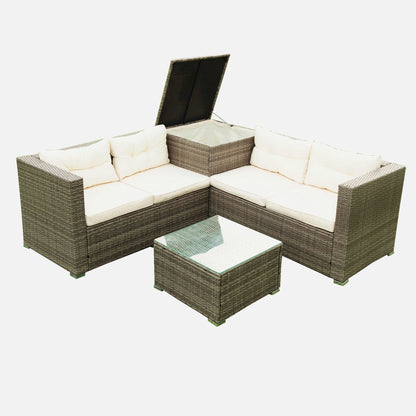 4 Piece Patio Sectional Wicker Rattan Outdoor Furniture Sofa Set with Storage Box - Creme