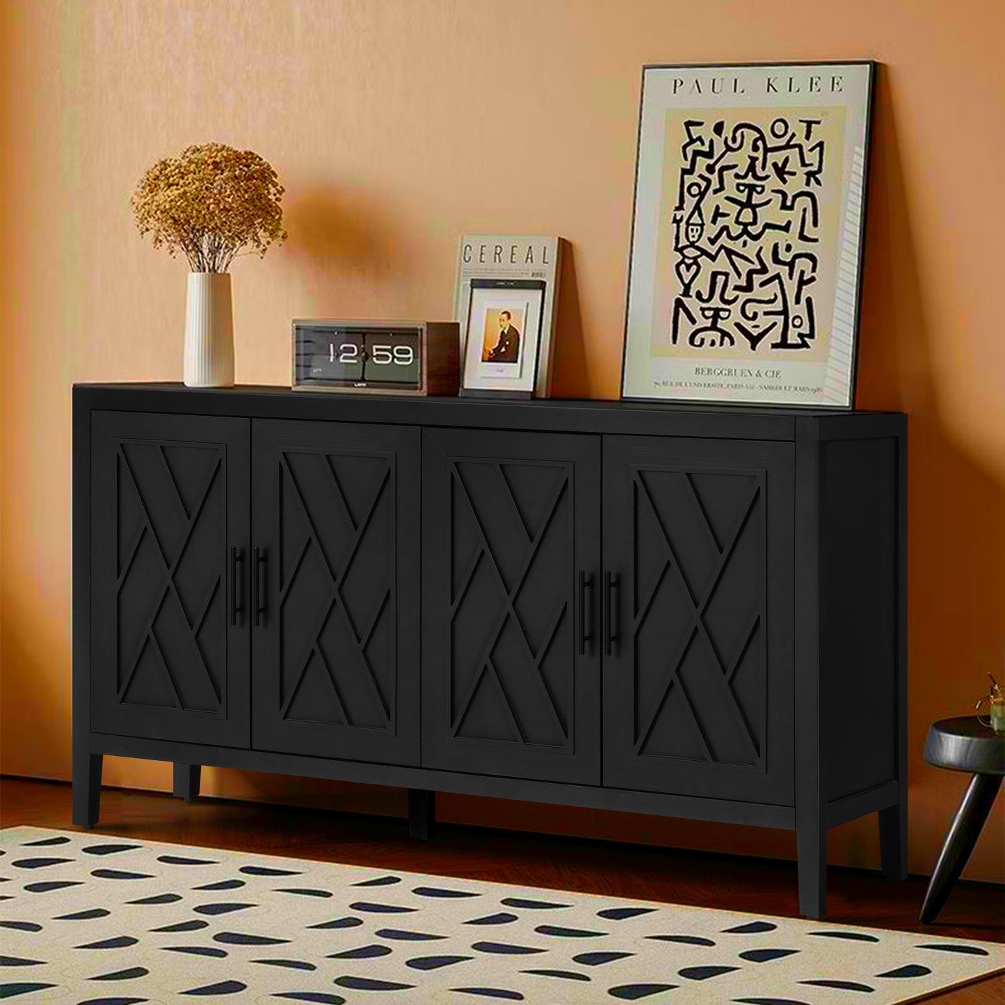 4 Door Wooden Twill Sideboard American Country Vintage Old Living Room Dining Room Hallway Entryway Cabinet (BLACK)