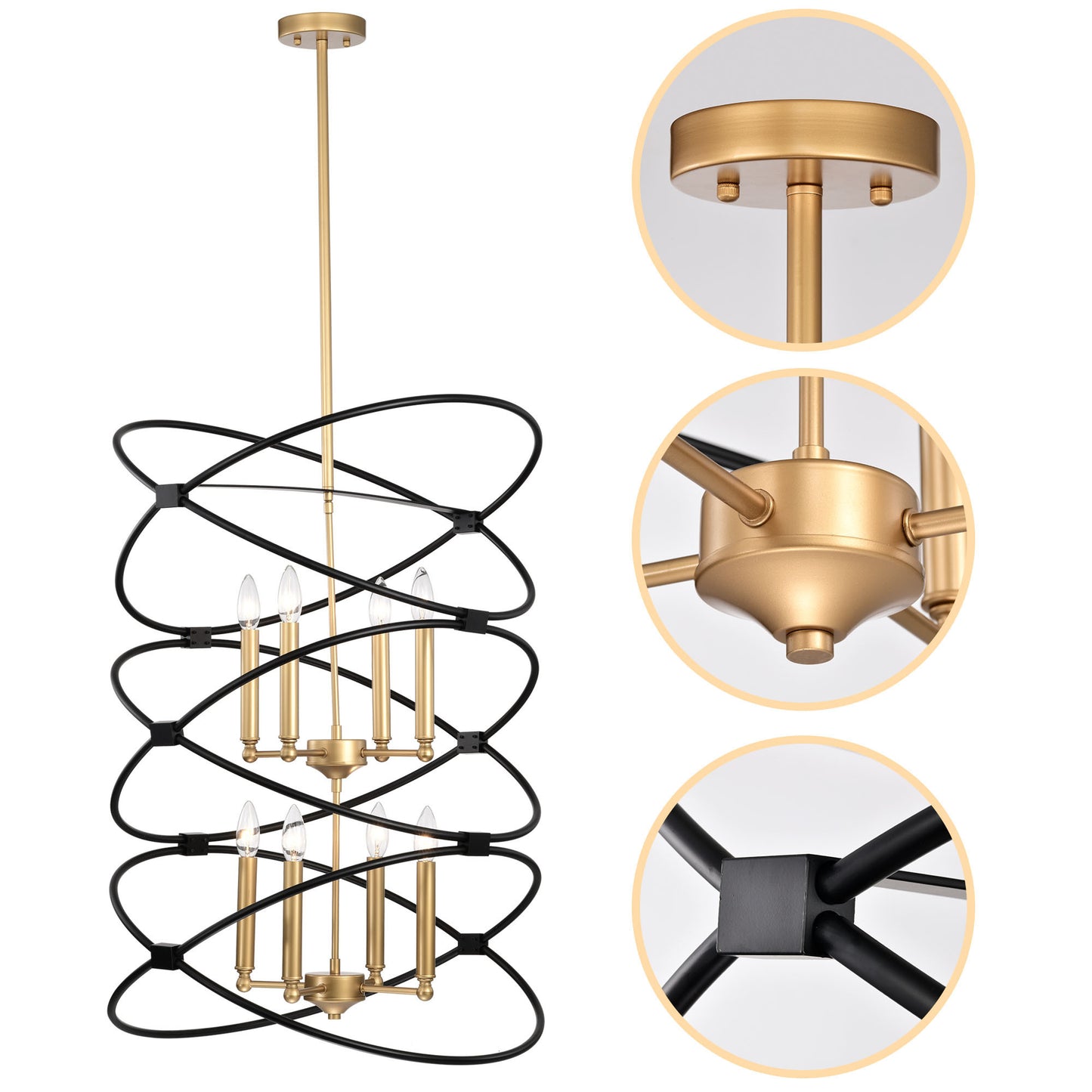 Transitional Gold/Matte Black Metal Chandelier indoor or outdoor Fixture, 8 lights, 2-Tier-Candle Ceiling Light for Living Room, Bedroom, Dining Room, Dimmable, E12, W23.6*H55