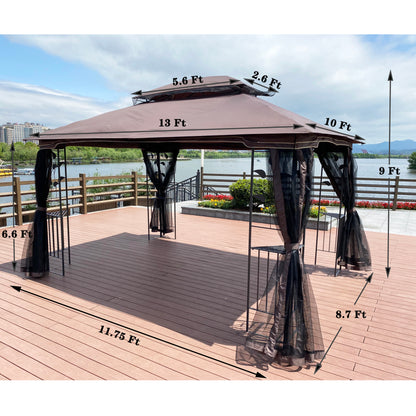 13x10 Outdoor Patio Gazebo Canopy Tent With Ventilated Double Roof And Mosquito net(Detachable Mesh Screen On All Sides),Suitable for Lawn, Garden, Backyard and Deck,Brown Top