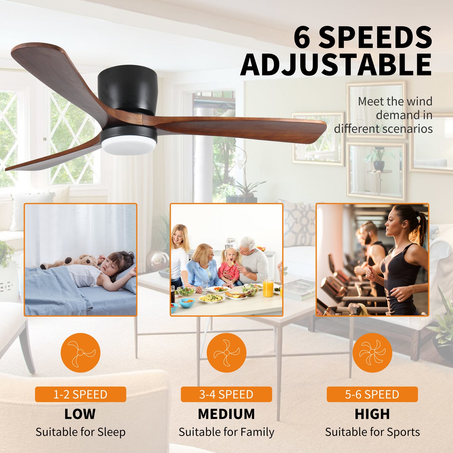 42 inch Black Wood Ceiling Fans with Lights and Remote, Modern Flush Mount Low Profile Ceiling Fan with Light, 6 Speed, Reversible DC Motor, for Bedroom/Outdoor/Farmhouse/Patios