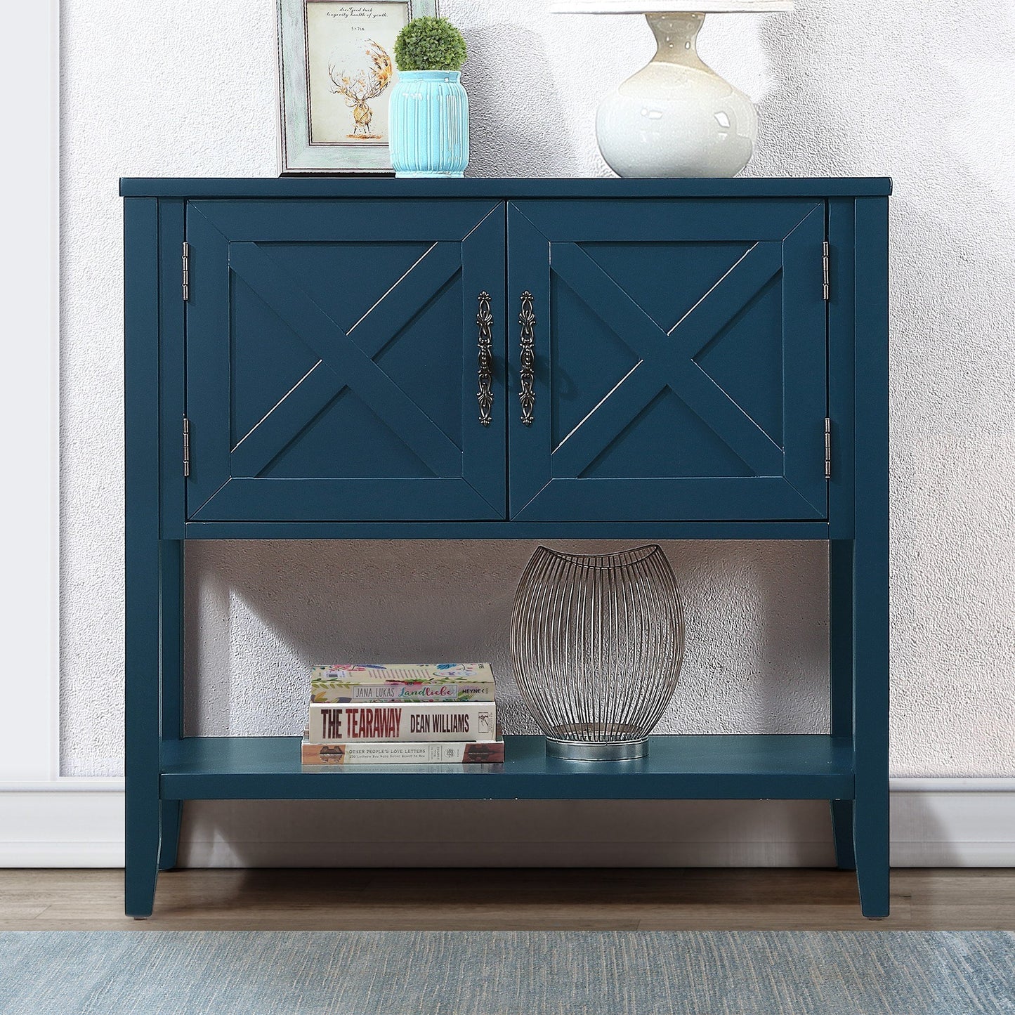 35'' Farmhouse Wood Buffet Sideboard Console Table with Bottom Shelf and 2-Door Cabinet, for Living Room, Entryway,Kitchen Dining Room Furniture (Navy Blue)