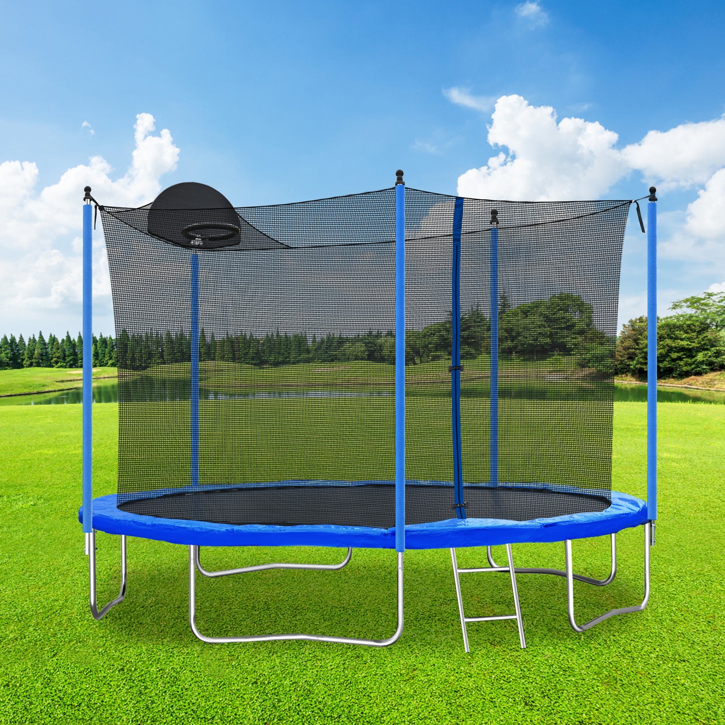 12FT Trampoline for Adults & Kids with Basketball Hoop, Outdoor Trampolines w/Ladder and Safety Enclosure Net for Kids and adults