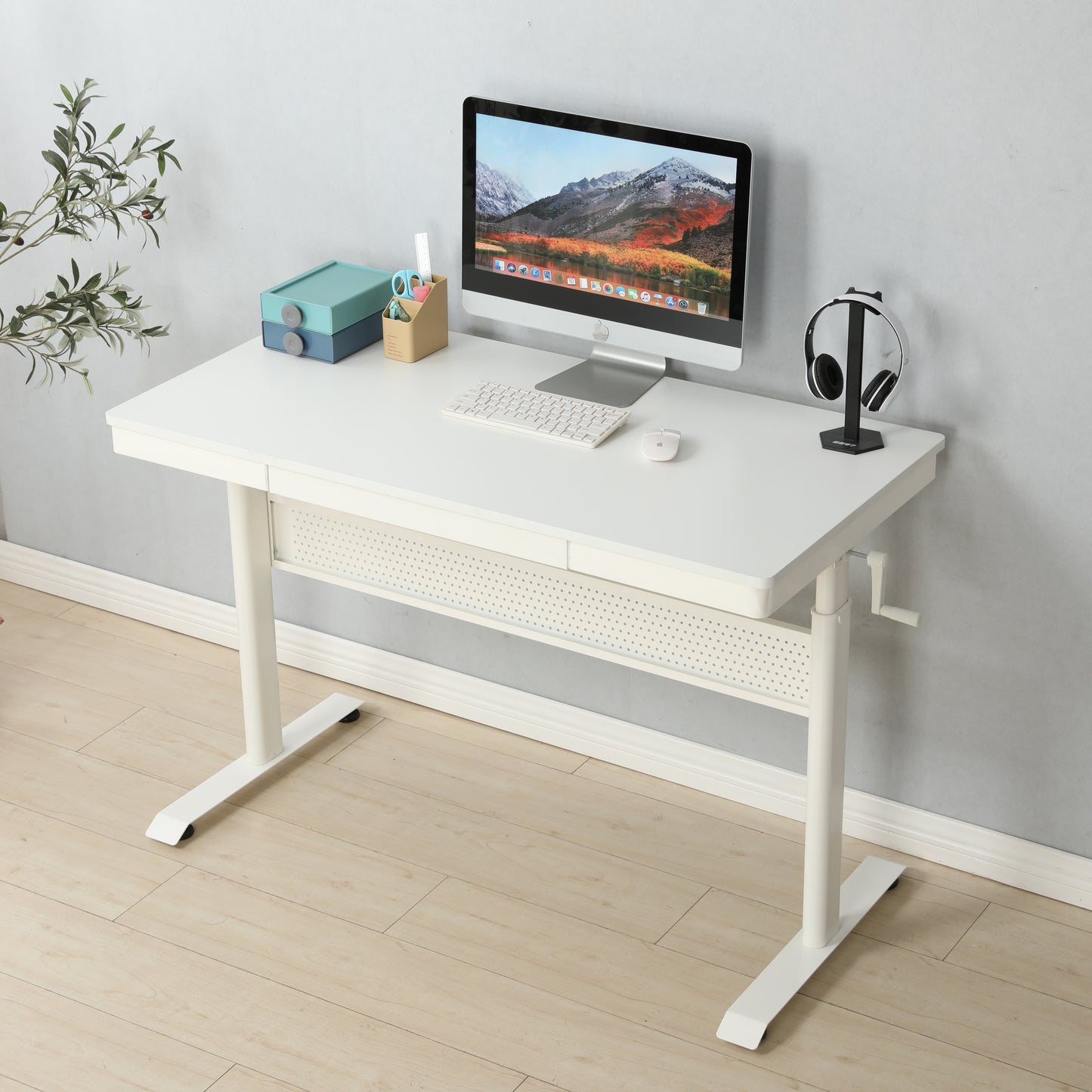 Standup Desk-48in x 24 in-White Tabletop with Metal Drawer, Adjustable Height  Stand up Desk, Sit Stand Home Office Desk, Ergonomic Workstation