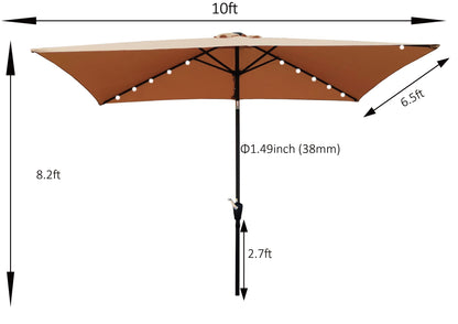 10 x 6.5t Rectangular Patio Solar LED Lighted Outdoor Market Umbrellas with Crank & Push Button Tilt for Garden Shade Outside Swimming Pool