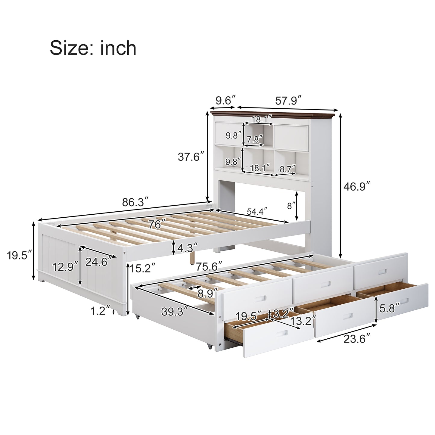 Captain Bookcase Bed-Solid Pine Bed with Trundle Bed and 3 Spacious Under Bed Drawers in Full Size- White Walnut