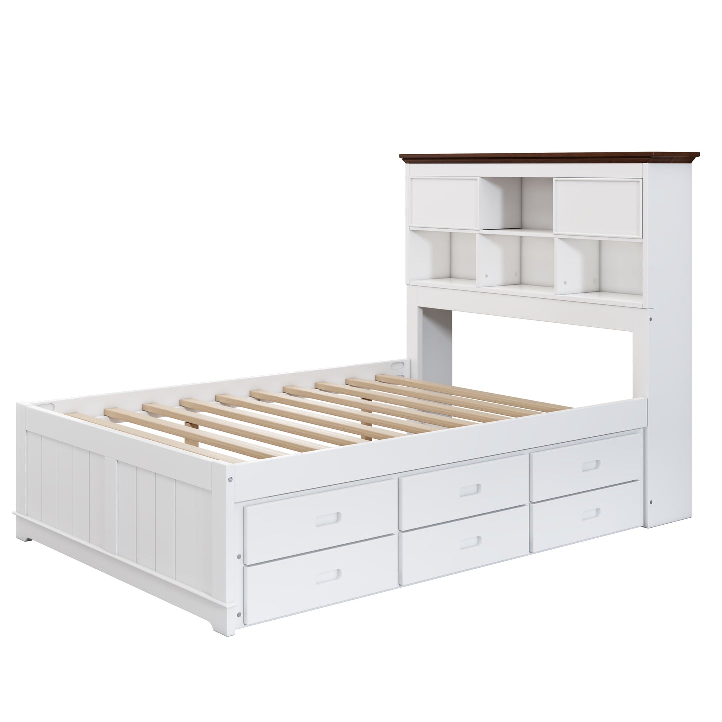 Captain Bookcase Bed-Solid Pine Bed with Trundle Bed and 3 Spacious Under Bed Drawers in Full Size- White Walnut