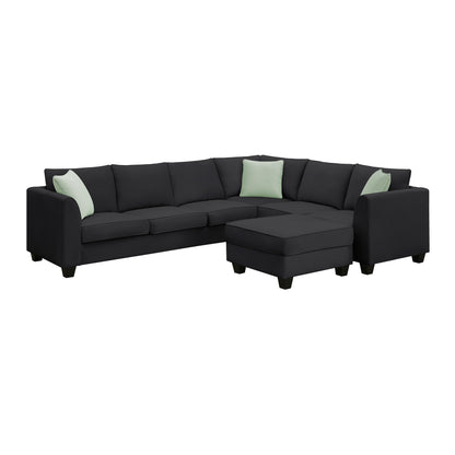 Sectional Sofa - Couch - Living Room Sets, 7 Seats Modular Sectional Sofa with Ottoman, L Shape Fabric Sofa Corner Couch Set with 3 Pillows, Black [VIDEO provided] 112"L X 87"W