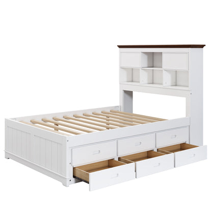 Captain Bookcase Bed-Solid Pine Bed with Trundle Bed and 3 Spacious Under Bed Drawers in Full Size- White Walnut