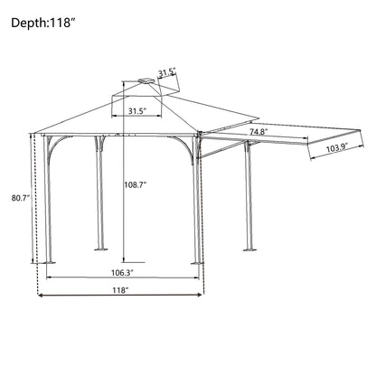 TOPMAX Patio 9.8ft.L x 9.8ft.W Gazebo with Extended Side Shed/Awning and LED Light for Backyard,Poolside, Deck, Brown