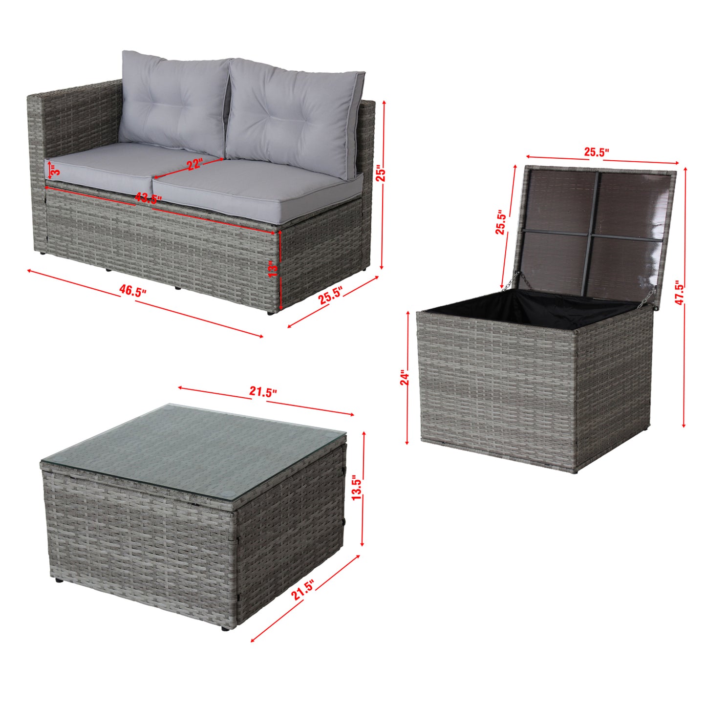 4 Piece Patio Sectional Wicker Rattan Outdoor Furniture Sofa Set with Storage Box Grey