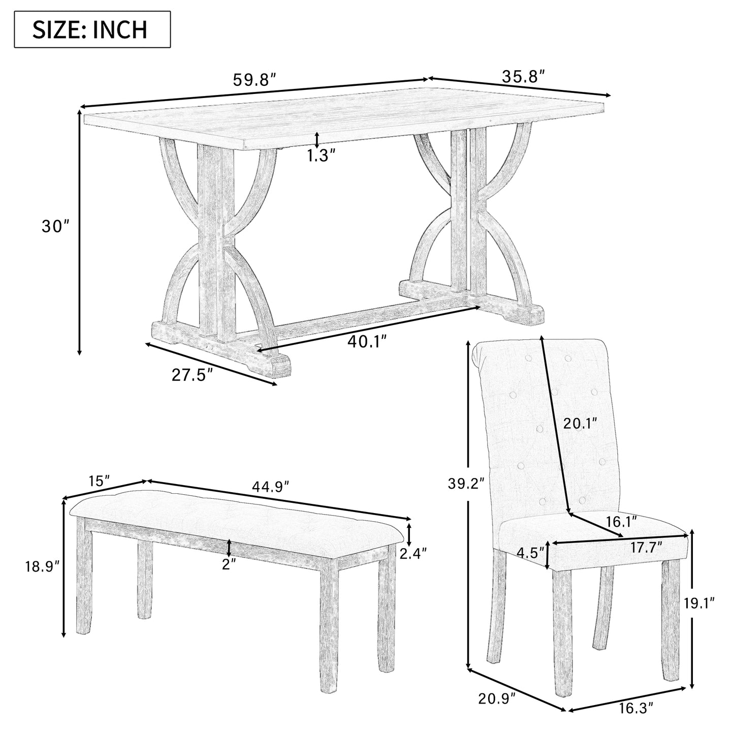 TREXM 6-Piece Retro Rectangular Dining Table Set, Table with Unique Legs and 4 Upholstered Chairs & 1 Bench for Dining Room and Kitchen (Natural Wood Wash)