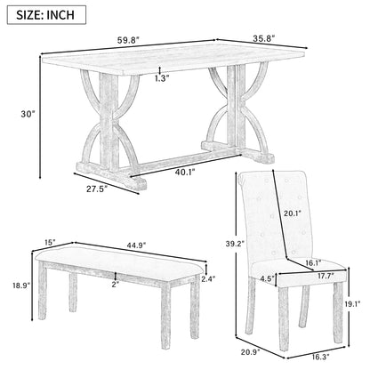 TREXM 6-Piece Retro Rectangular Dining Table Set, Table with Unique Legs and 4 Upholstered Chairs & 1 Bench for Dining Room and Kitchen (Natural Wood Wash)