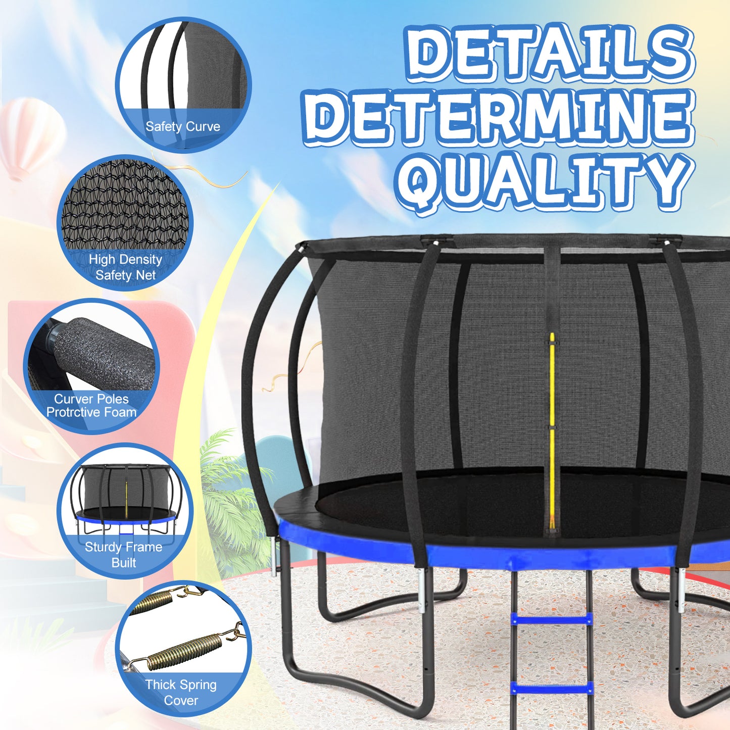 14FT Outdoor Big Trampoline With Inner Safety Enclosure Net, Ladder, PVC Spring Cover Padding, For Kids, Black&Blue Color