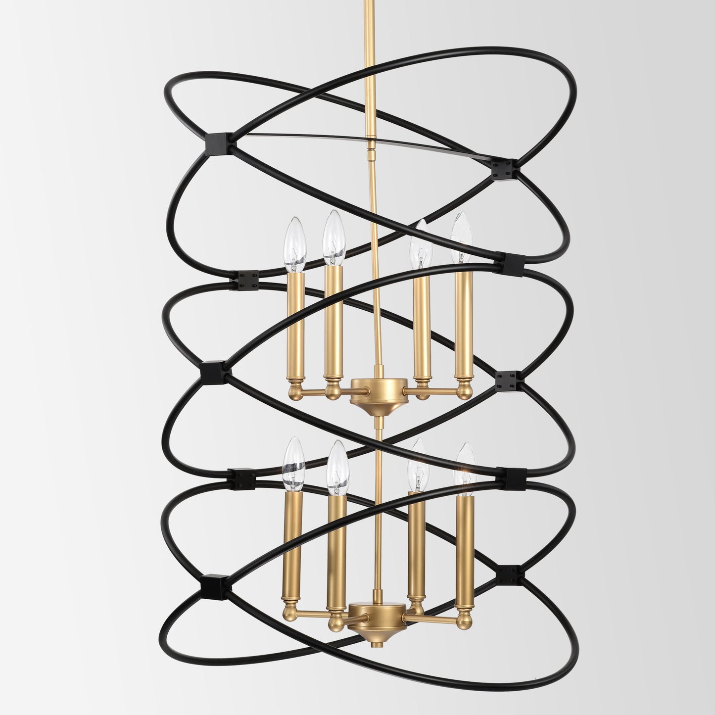 Transitional Gold/Matte Black Metal Chandelier indoor or outdoor Fixture, 8 lights, 2-Tier-Candle Ceiling Light for Living Room, Bedroom, Dining Room, Dimmable, E12, W23.6*H55