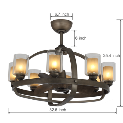 32.6 in. 32W LED light bulb ceiling fan with double glass shade