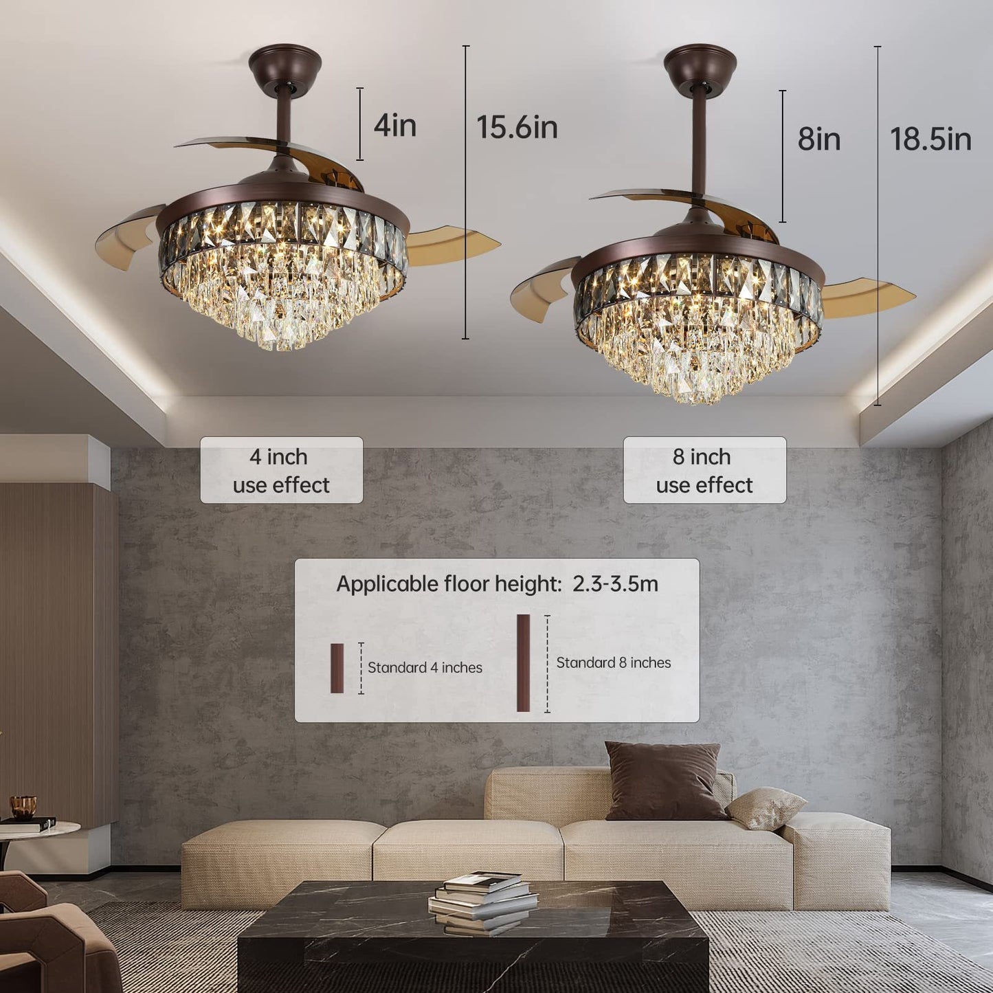 42"Chandelier Ceiling Fan Retractable Ceiling Fans with Lights and Remote Control 6 Speed LED 72w Diammable Invisible  Crystal Ceiling Fan Modern Light for Bedroom Indoor Living Room