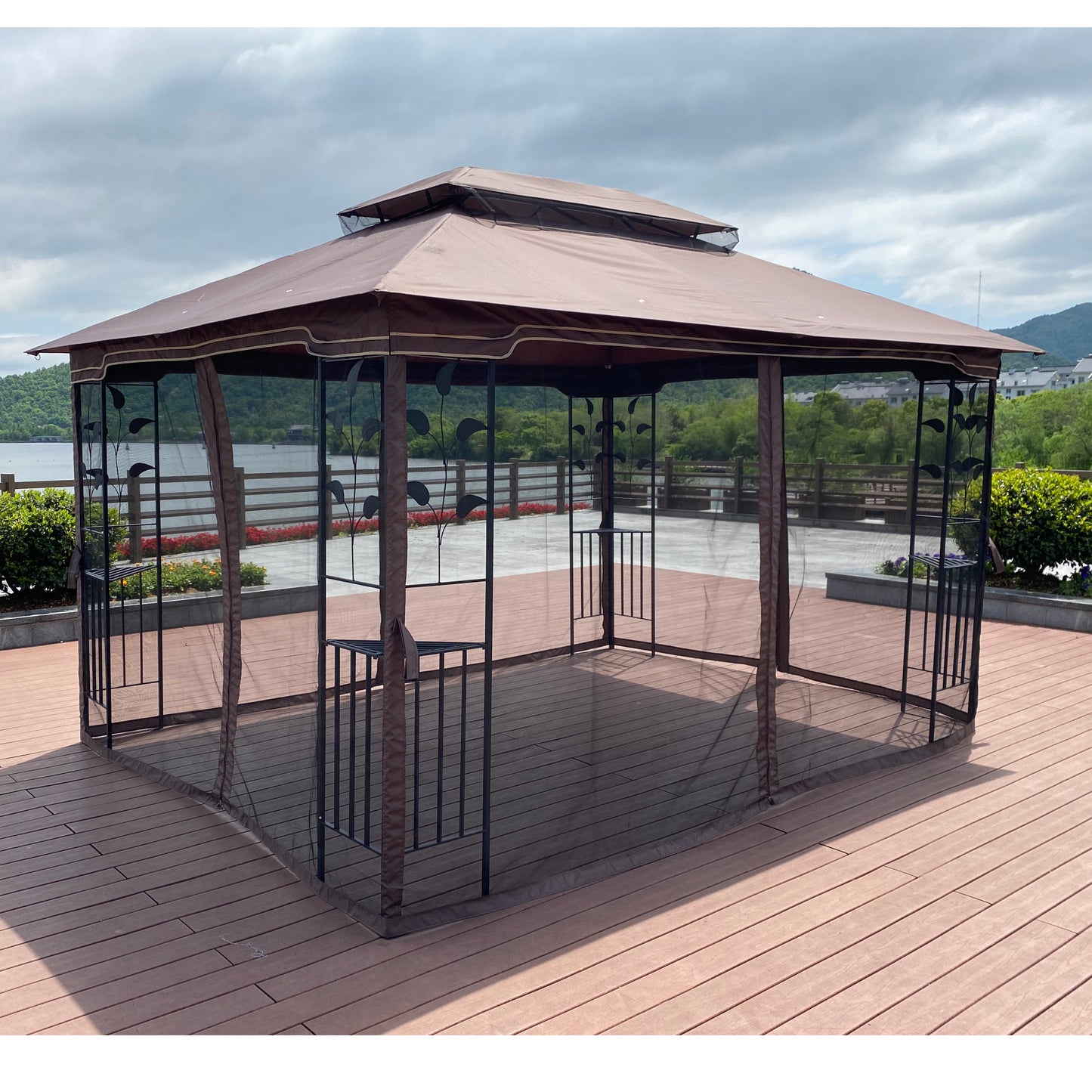 13x10 Outdoor Patio Gazebo Canopy Tent With Ventilated Double Roof And Mosquito net(Detachable Mesh Screen On All Sides),Suitable for Lawn, Garden, Backyard and Deck,Brown Top