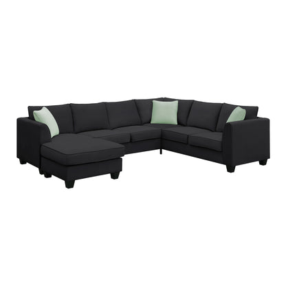 Sectional Sofa - Couch - Living Room Sets, 7 Seats Modular Sectional Sofa with Ottoman, L Shape Fabric Sofa Corner Couch Set with 3 Pillows, Black [VIDEO provided] 112"L X 87"W