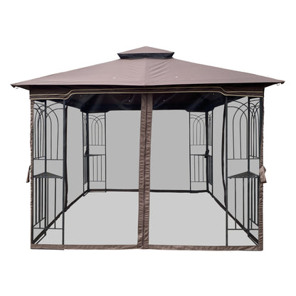 10x10 Outdoor Patio Gazebo Canopy Tent With Ventilated Double Roof And Mosquito net (Detachable Mesh Screen On All Sides)-Brown Top