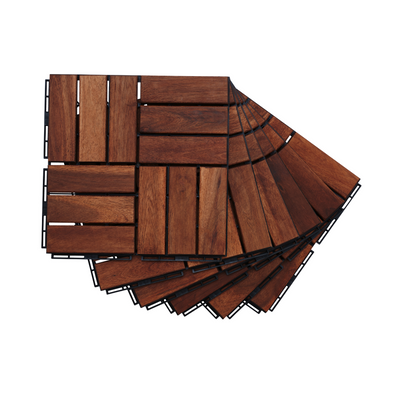 10 PCS Interlocking Deck Tiles Checker Pattern, 12" x 12" Square Brown Acacia Hardwood Outdoor Flooring for Patio, Bancony, Pool Side,...