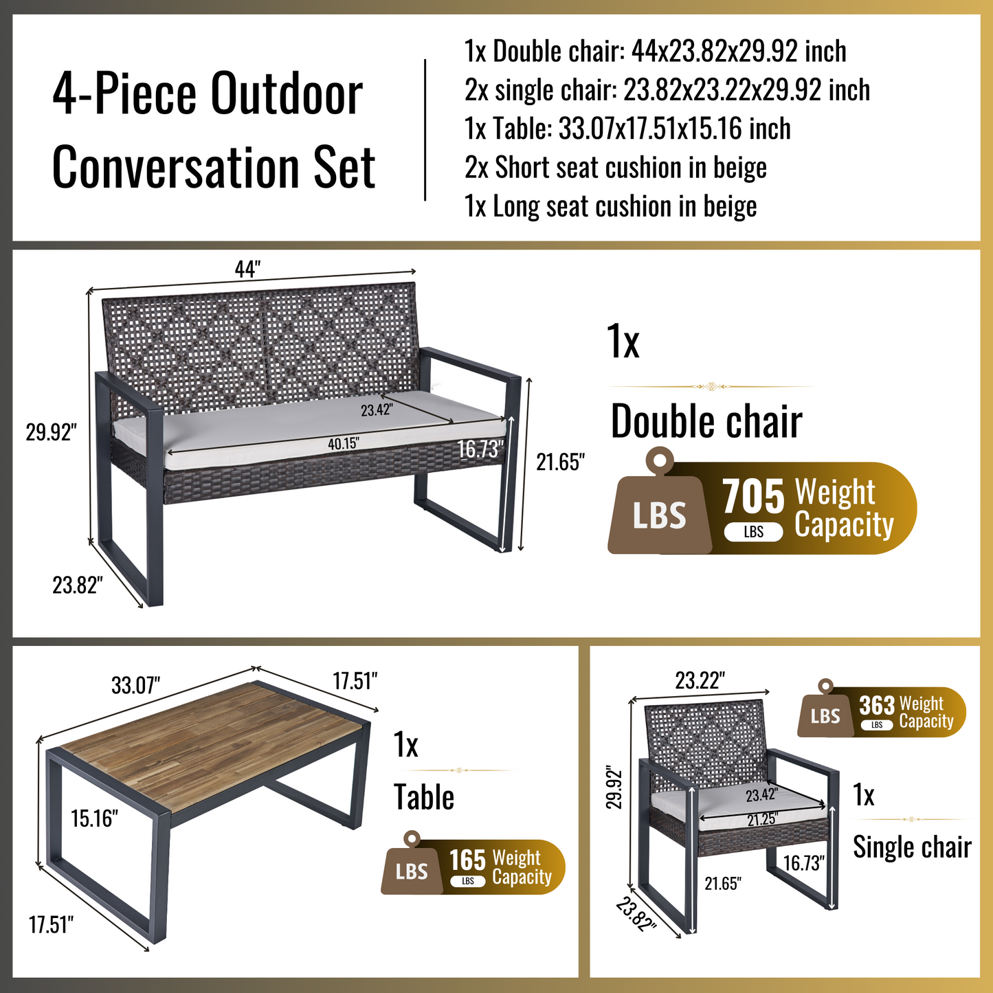 4-Piece Patio Furniture Set Outdoor Balcony Porch Garden Backyard Lawn Furniture Acacia Wood Table Top, Morden Brown and Beige Cushion