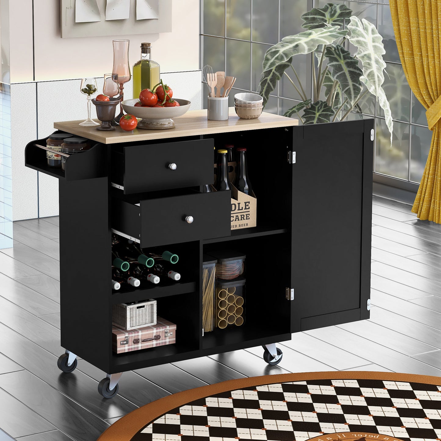 K&K Store Kitchen Cart with Spice Rack ,Towel Rack & Two Drawers,Rubber wood top,Kitchen Island with 4 Wheels for Dining Rooms Kitchens Living Rooms, Black