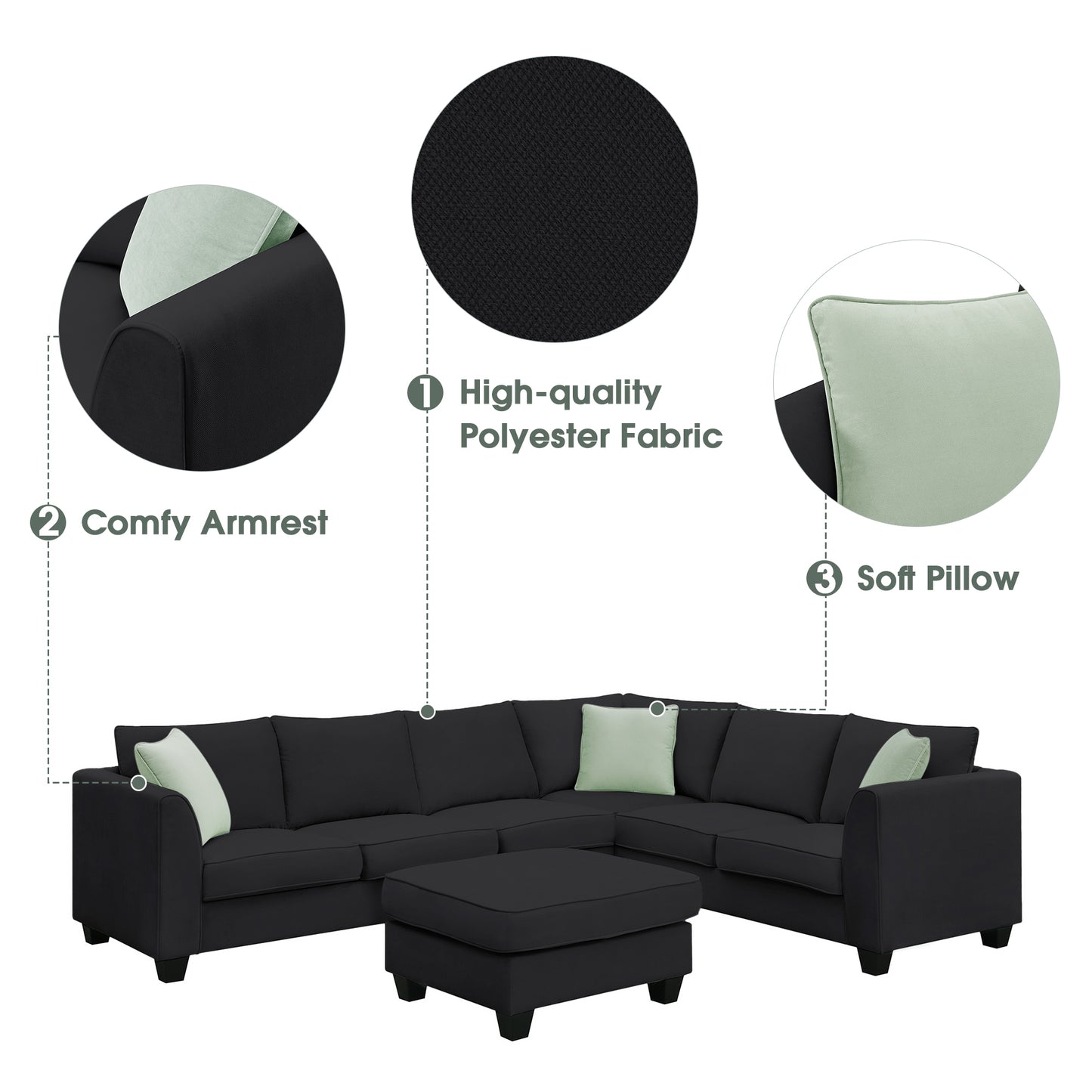 Sectional Sofa - Couch - Living Room Sets, 7 Seats Modular Sectional Sofa with Ottoman, L Shape Fabric Sofa Corner Couch Set with 3 Pillows, Black [VIDEO provided] 112"L X 87"W