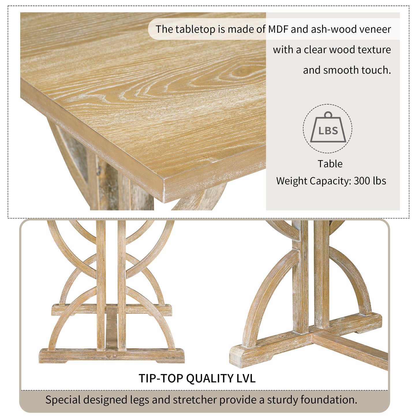 TREXM 6-Piece Retro Rectangular Dining Table Set, Table with Unique Legs and 4 Upholstered Chairs & 1 Bench for Dining Room and Kitchen (Natural Wood Wash)