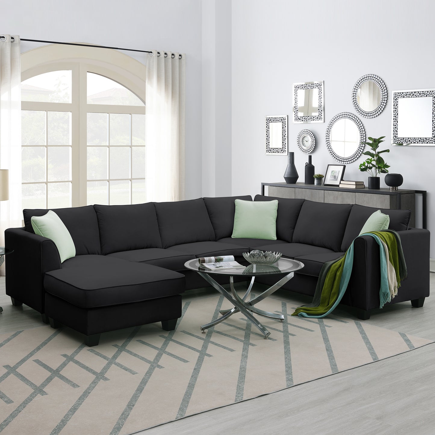 Sectional Sofa - Couch - Living Room Sets, 7 Seats Modular Sectional Sofa with Ottoman, L Shape Fabric Sofa Corner Couch Set with 3 Pillows, Black [VIDEO provided] 112"L X 87"W