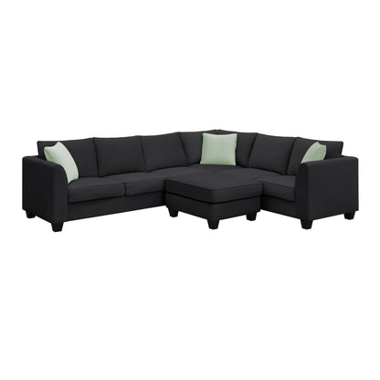 Sectional Sofa - Couch - Living Room Sets, 7 Seats Modular Sectional Sofa with Ottoman, L Shape Fabric Sofa Corner Couch Set with 3 Pillows, Black [VIDEO provided] 112"L X 87"W