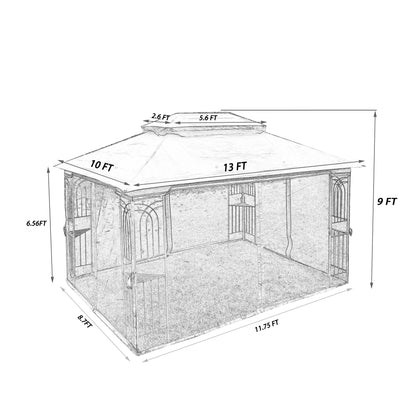 13x10 Outdoor Patio Gazebo Canopy Tent With Ventilated Double Roof And Mosquito net(Detachable Mesh Screen On All Sides),Suitable for Lawn, Garden, Backyard and Deck,Gray Top