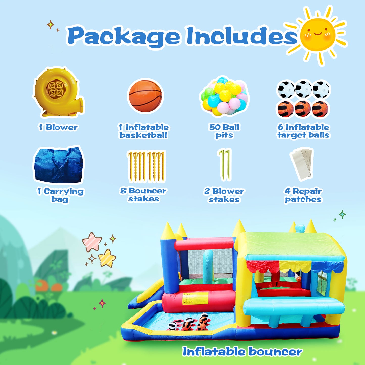 7 in 1 Inflatable Bounce House, Bouncy House with Ball Pit for Kids Indoor Outdoor Party Family Fun, Obstacles, Toddler Jump Bouncy Castle with Ball Pit for Birthday Party Gifts