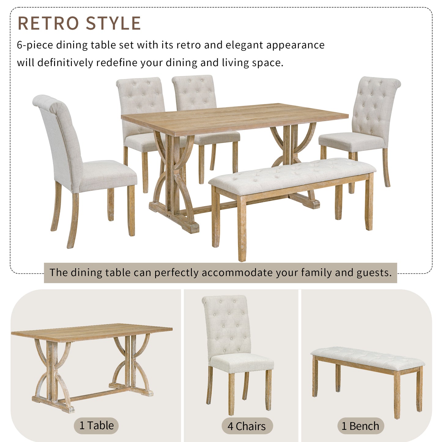 TREXM 6-Piece Retro Rectangular Dining Table Set, Table with Unique Legs and 4 Upholstered Chairs & 1 Bench for Dining Room and Kitchen (Natural Wood Wash)