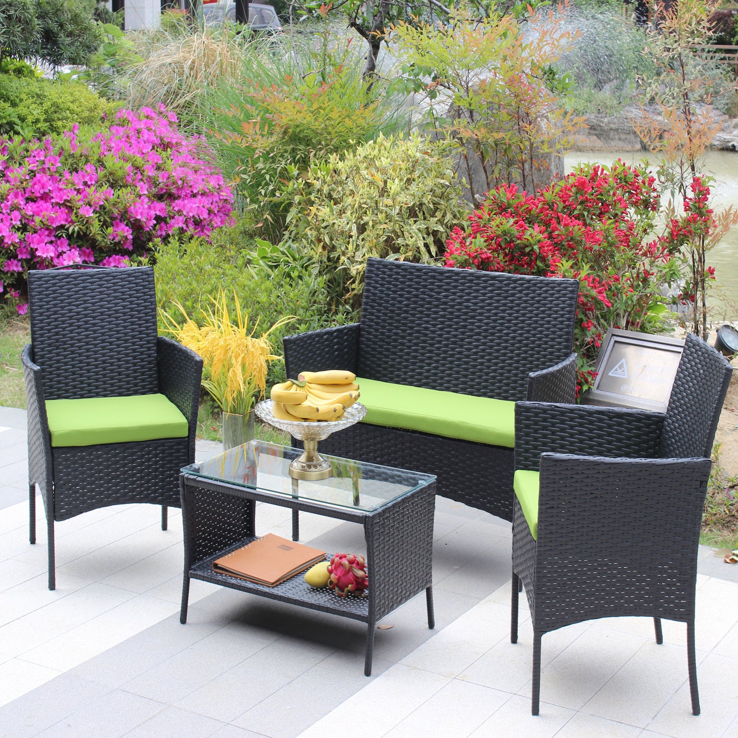 4 PC Rattan Patio Furniture Set Outdoor Patio Cushioned Seat Wicker Sofa (green Cushion)