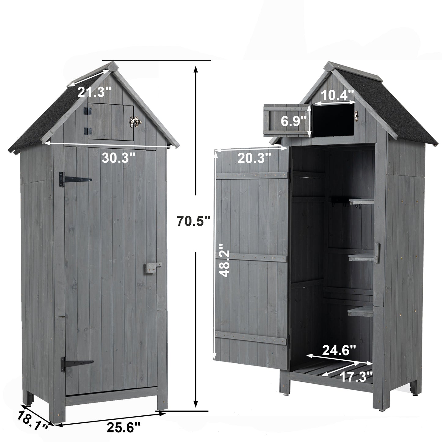 30.3"L X 21.3"W X 70.5"H Outdoor Storage Tool Shed Wooden Garden Shed  Gray