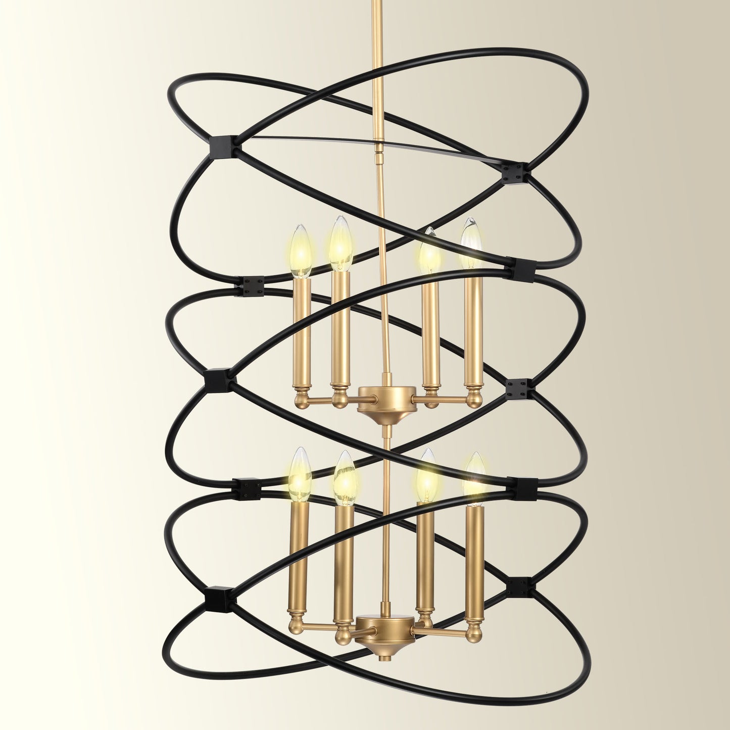 Transitional Gold/Matte Black Metal Chandelier indoor or outdoor Fixture, 8 lights, 2-Tier-Candle Ceiling Light for Living Room, Bedroom, Dining Room, Dimmable, E12, W23.6*H55