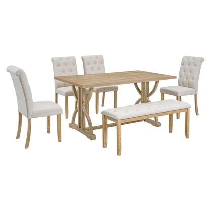 TREXM 6-Piece Retro Rectangular Dining Table Set, Table with Unique Legs and 4 Upholstered Chairs & 1 Bench for Dining Room and Kitchen (Natural Wood Wash)