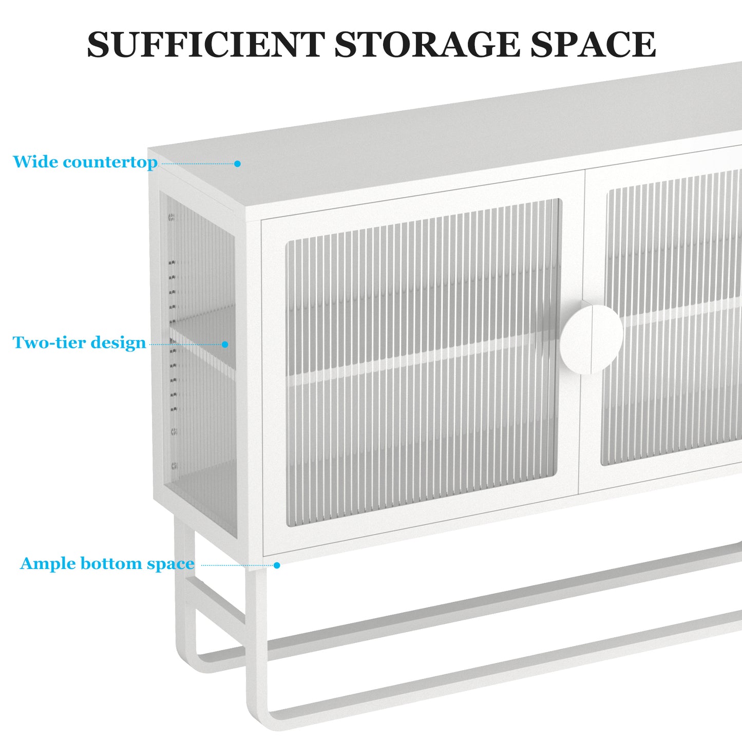 Tempered Glass Cabinet Credenza with 2 Fluted Glass Doors Adjustable Shelf U-shaped Leg Anti-Tip Dust-free Enclosed Cupboard for Living Room and Kitchen-White