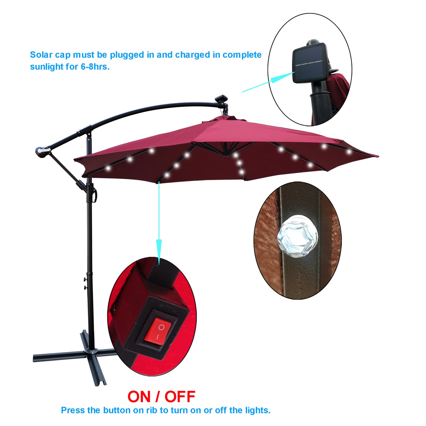 10 ft Outdoor Patio Umbrella-Solar Powered LED-Lighted Sun Shade-Waterproof 8 Ribs Umbrella with Crank and Cross Base