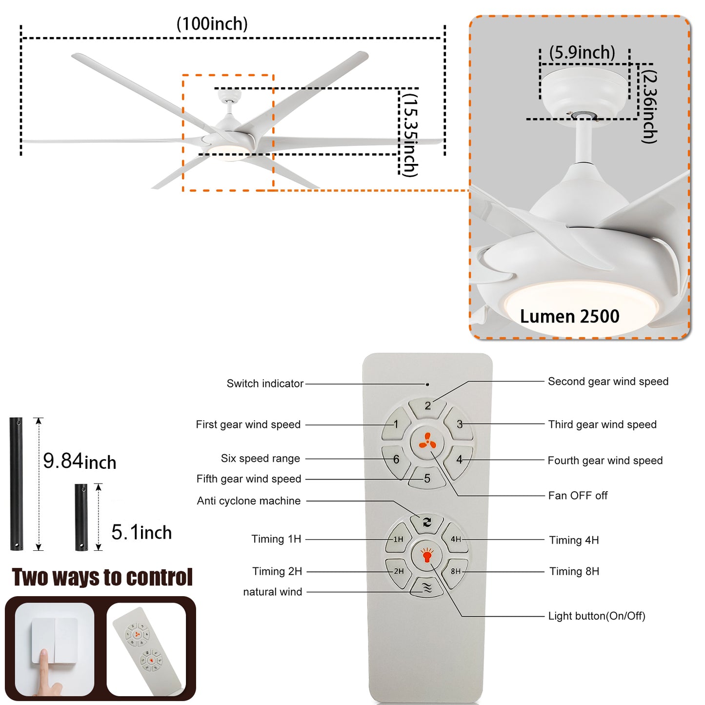 100" Indoor/Outdoor Ceiling Fan With Lights and Remote - Reversible 6 Speed DC Motor - White