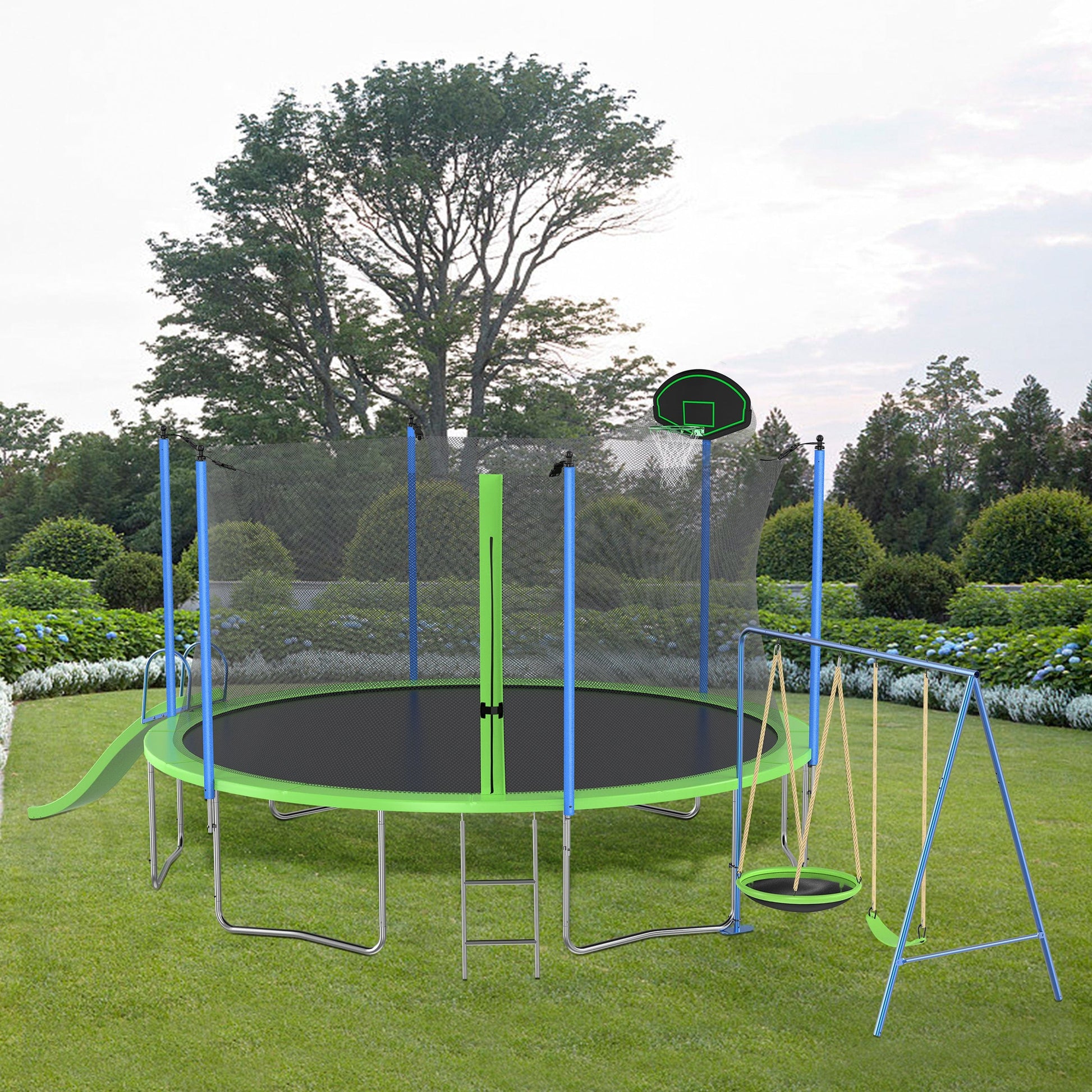 Comfort Living Spaces 12FT Trampoline with Slide and Swings, ASTM Approved Large Recreational Trampoline with Basketball Hoop and Ladder,Outdoor Backyard Trampoline with Net, Capacity for Kids and Adults