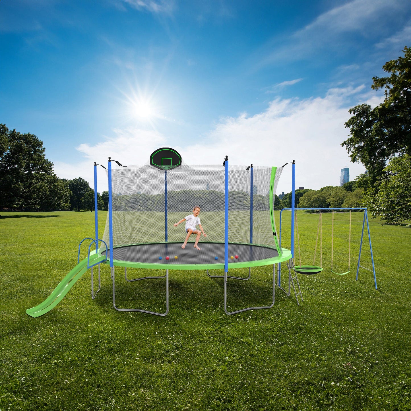 Comfort Living Spaces 12FT Trampoline with Slide and Swings, ASTM Approved Large Recreational Trampoline with Basketball Hoop and Ladder,Outdoor Backyard Trampoline with Net, Capacity for Kids and Adults